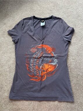 Harley-Davidson Purple V-Neck Tee with Black Trim and Orange Logo